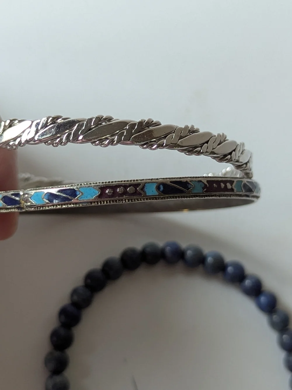 Silvertone and Blue Beaded Stackable Bracelet Set